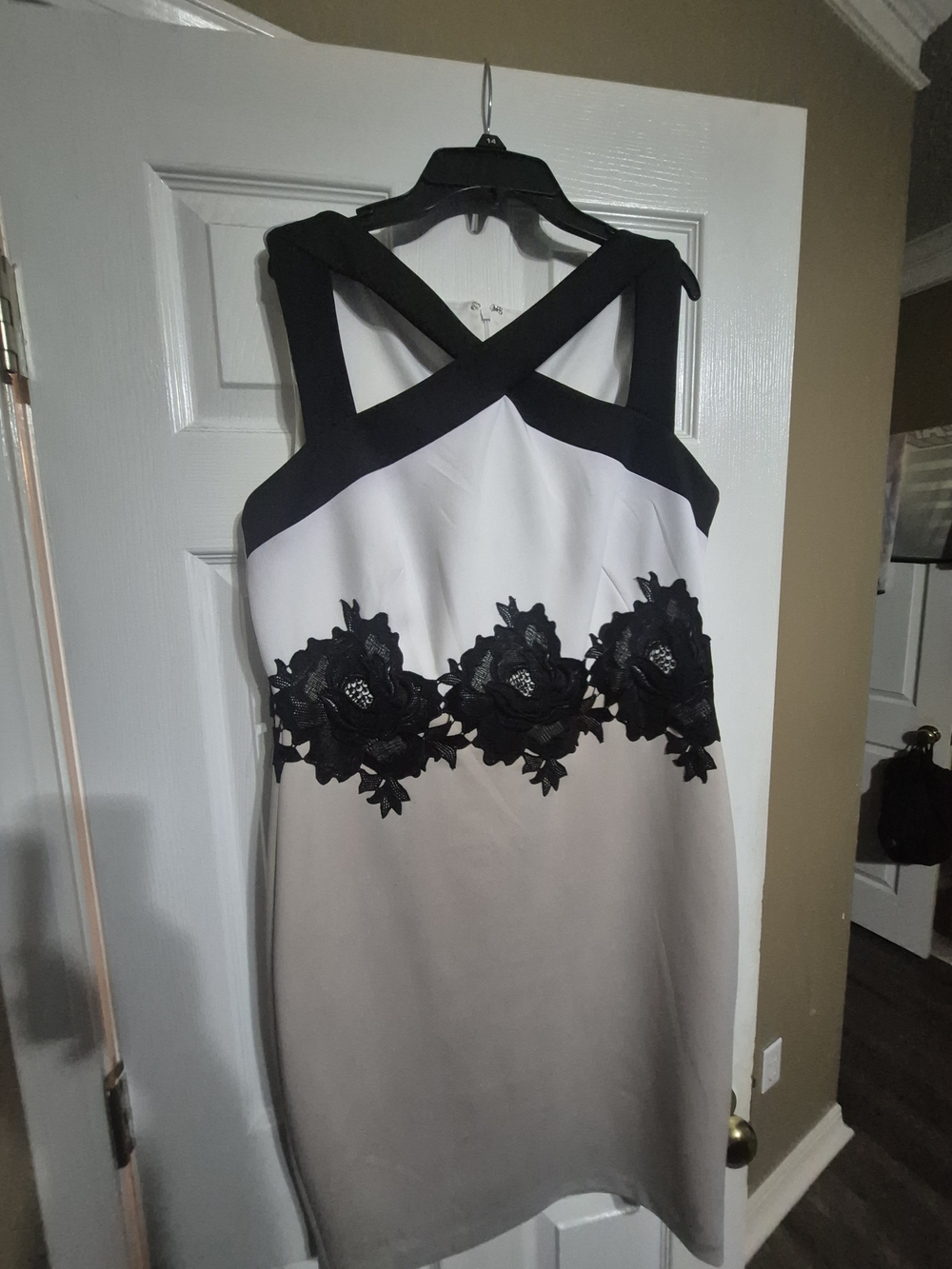 Elegant Black, White & Taupe Floral Appliqué Dress